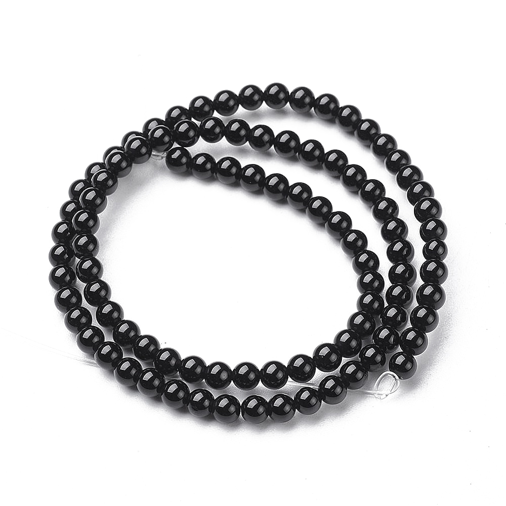 Намистини Натуральний Чорний Онікс, Клас А, на нитках, Круглі, 4мм, Отвір 0.8мм, близько 87шт/36см/нитка, (УТ100030872)