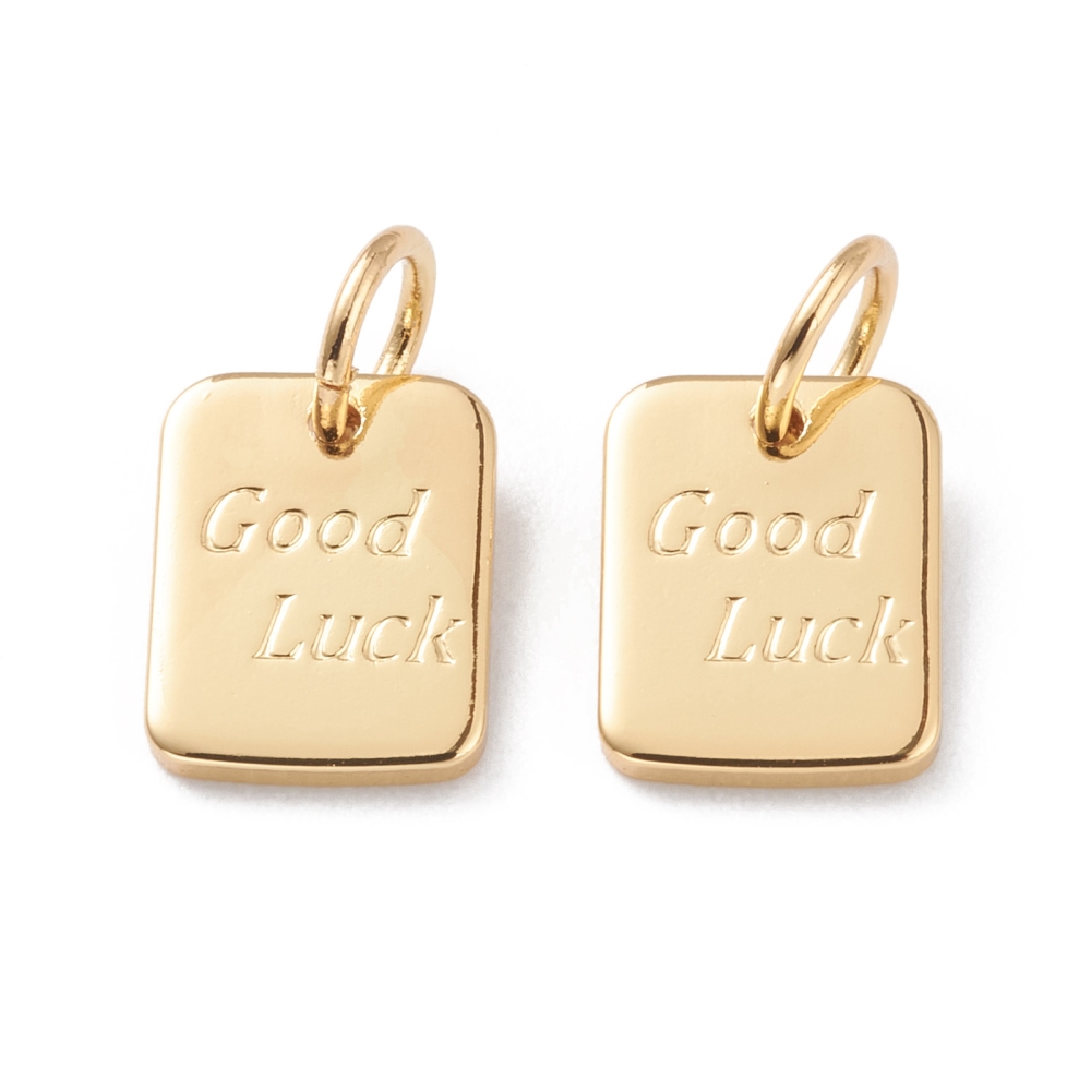 Підвіски Латунь, Прямокутні, "Good Luck", Стійке Покриття Золото 18К, 9х7х1мм, Сполучне колечко 5х1мм, Внутрішній діаметр 3мм, (УТ100031175)